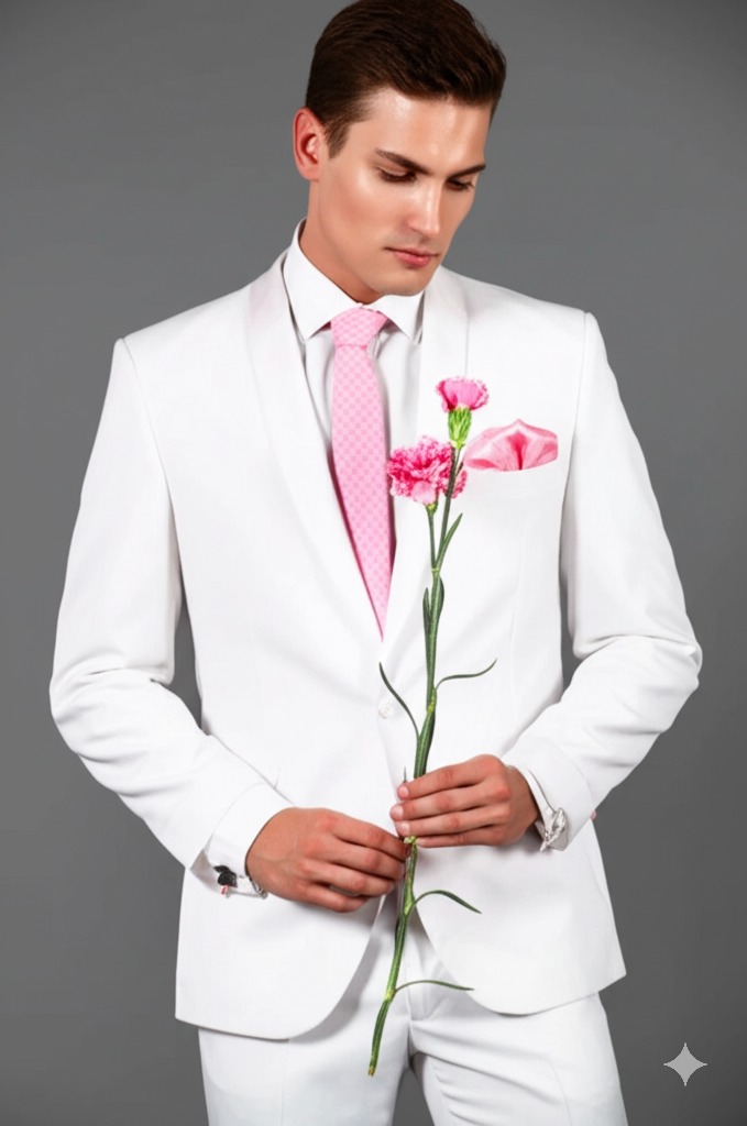 a white sport coat and a pink carnation