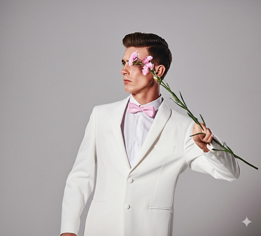 a white sports coat and a pink carnation